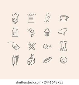 Vector template backgrounds or wallpapers for social media stories, cards, banners with linear icons or logos for bakery shop. Different blogger icons in trendy linear style