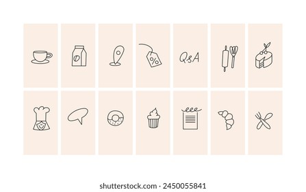 Vector template backgrounds or wallpapers for social media stories, cards, banners with linear icons or logos for bakery shop. Different blogger icons in trendy linear style