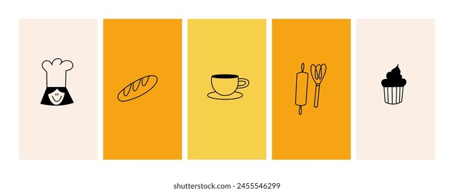 Vector template backgrounds or wallpapers for social media stories, cards, banners with linear icons or logos for bakery shop