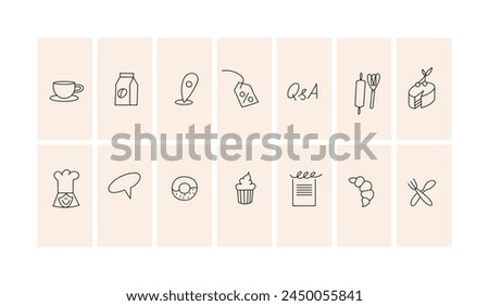 Vector template backgrounds or wallpapers for social media stories, cards, banners with linear icons or logos for bakery shop. Different blogger icons in trendy linear style
