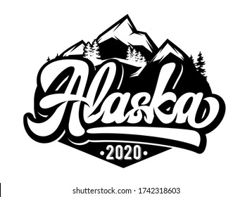 Vector template for badge with mountains and inscription - Alaska. Monochrome illustration.