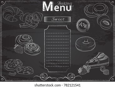 Vector template with baking elements for menu stylized as chalk drawing on chalkboard.Design for a restaurant, cafe or bar
