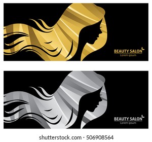 Vector template banner or business card stylized long-haired woman in profile for beauty salon