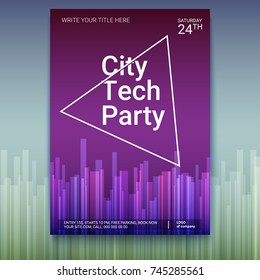 Vector template of banner, design layout for brochure, flyer. Poster design with abstract glow lines and triangle. Mock-up of City Techno Party event with text template, print design, A4 size