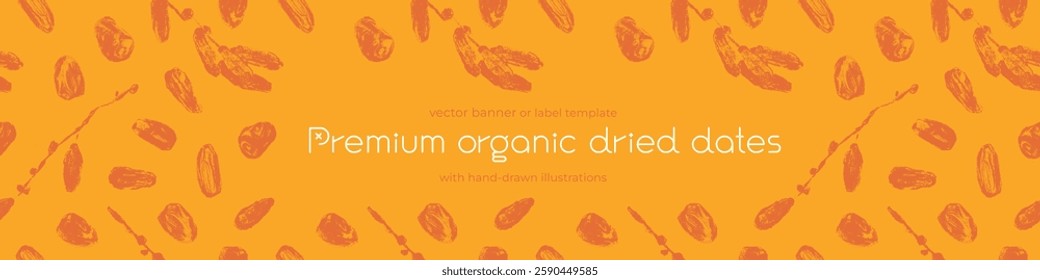 Vector template banner design. Premium organic dried dates. Dried dates background. Hand drawn charcoal date drawings. Label cosmetics, packaging for natural syrup design.