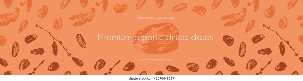 Vector template banner design. Premium organic dried dates. Dried dates background. Hand drawn charcoal date drawings. Label cosmetics, packaging for natural syrup design.