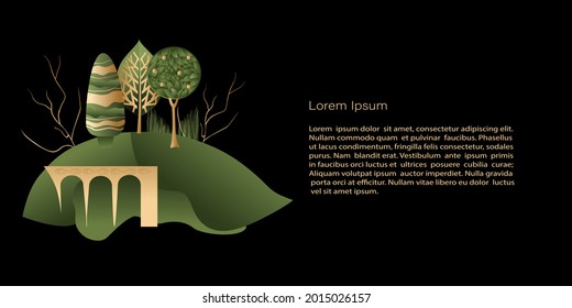 Plantilla vectorial, banner con bosque de hadas y puente , espacio de copia. Para invitación, tarjetas o carteles y afiches, página de inicio