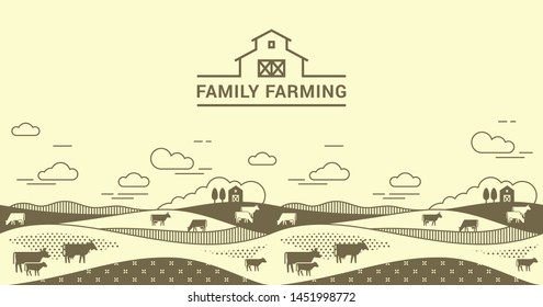 Vector template, banner or first screen for a landing page with place for text, an illustration of a rural farm with agricultural equipment in a linear style. Yellow and black illustration.