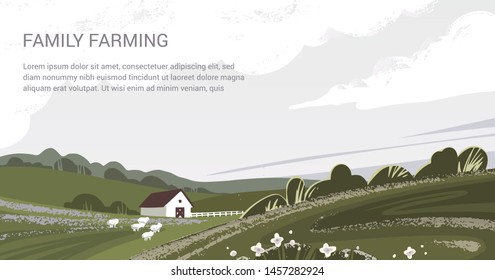 Vector template of a banner or first screen for a landing page with a logo and place for text and illustration of a rural farm with agricultural equipment.
