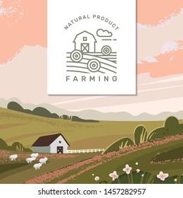Vector template of a banner or first screen for a landing page with a logo and place for text and illustration of a rural farm with agricultural equipment.