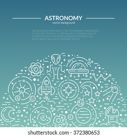 Vector template for banner, flyer, hero illustration with different space and universe elements. Planets, spaseship, shuttle, meteorite - lots of cosmos clipart objects.