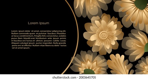 Vector  Template, banner with golden flowers on black background, copy space. For invitation, cards or banner and  poster, Landing page