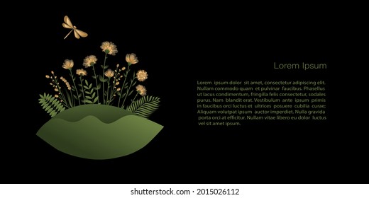 Vector  Template, banner with golden flowers on black background, copy space. For invitation, cards or banner and  poster, Landing page