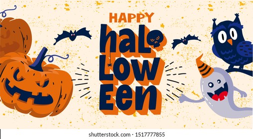 Vector template  banner of happy Halloween party invitations or cards with handwritten calligraphy lettering. Flat illustration of pumpkin, ghost, owl,
bat, skull, hand. All saint's Day. 
