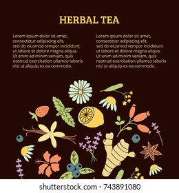 vector template of a banner with herbal tea ingredients arranged in a circle and text place, dark brown background