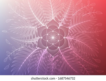 Vector template of banner, horizontal format; Spiritual sacred geometry; "Flower of life" and lotus framed of plants and palm leaves on gradient background; Yoga, mindfulness meditation and relax.