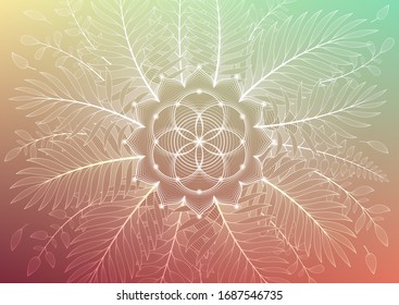 Vector template of banner, horizontal format; Spiritual sacred geometry; "Flower of life" and lotus framed of plants and palm leaves on gradient background; Yoga, mindfulness meditation and relax.