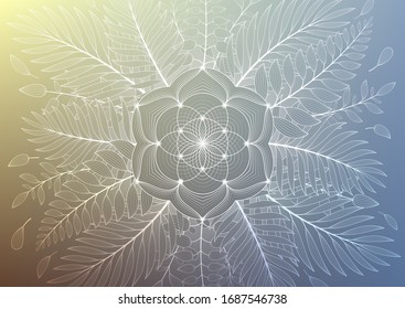 Vector template of banner, horizontal format; Spiritual sacred geometry; "Flower of life" and lotus framed of plants and palm leaves on gradient background; Yoga, mindfulness meditation and relax.