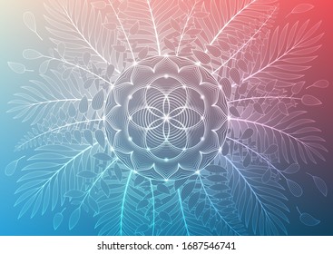 Vector template of banner, horizontal format; Spiritual sacred geometry; "Flower of life" and lotus framed of plants and palm leaves on gradient background; Yoga, mindfulness meditation and relax.