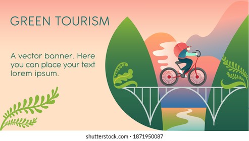 a vector template for banner with illustration showing a tourist riding a bike in mountains
