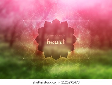 Vector template of banner with inspirational phrase, horizontal format; Spiritual sacred geometry; "Flower of life" and lotus on beauty blurred background with forest; Yoga, meditation and relax.