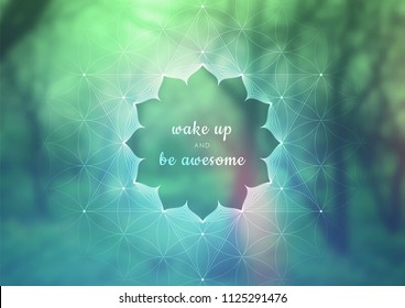 Vektorvorlage für Banner mit inspirierender Phrase, horizontales Format; spirituelle heilige Geometrie; "Blume des Lebens" und Lotus auf Schönheitshintergrund mit Wald; Yoga, Meditation und Entspannung.