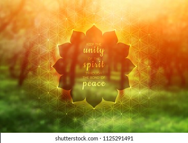 Vector template of banner with inspirational phrase, horizontal format; Spiritual sacred geometry; "Flower of life" and lotus on beauty blurred background with forest; Yoga, meditation and relax.