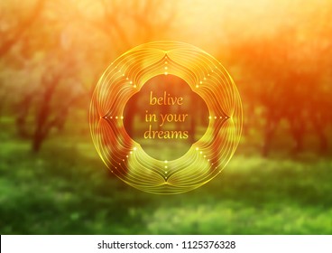 Vector template of banner with inspirational phrase, horizontal format; Spiritual sacred geometry; "Flower of life" and lotus on beauty blurred background with forest; Yoga, meditation and relax.