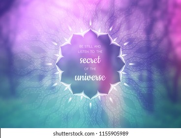 Vector template of banner with inspirational phrase, horizontal format; Spiritual sacred geometry; Mandala and lotus on beauty blurred background with forest; Yoga, meditation and relax.