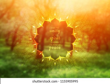 Vector template of banner with inspirational phrase, horizontal format; Spiritual sacred geometry; Mandala and lotus on beauty blurred background with forest; Yoga, meditation and relax.