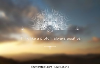 Vector template of banner with inspirational phrase, horizontal format; Spiritual sacred geometry on blur background with sky and mountains; Poster for yoga, meditation, relax and positive thinking.