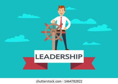 Vector template of banner Leadership with cheerful man taking lead at steering wheel on blue background