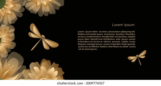 Vector  Template, banner mystic and elf theme, with flowers and dragonflies, copy space. Black, green and gold colors with gradient for decoration