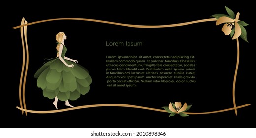 Vector  Template, banner mystic and elf theme, elf girl or fairy and gold flowers, copy space. Black, green and gold colors with gradient for decoration