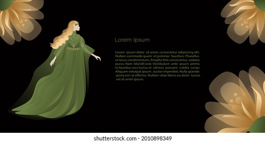 Vector  Template, banner mystic and elf theme, elf girl or fairy and gold flowers, copy space. Black, green and gold colors with gradient for decoration