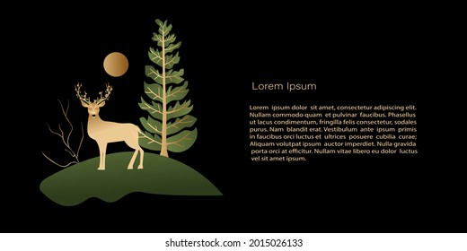 Vector  Template, banner mystic and elf theme,  deer with flowers in horns, copy space. Black, green and gold colors with gradient for decoration