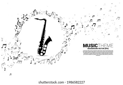 Vector template banner and poster music melody note dancing flow with saxophone. Concept background for song and concert theme.