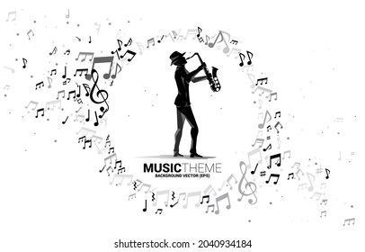 Vector template banner and poster music melody note dancing flow with  man and saxophone . Concept background for jazz concert theme.