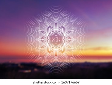 Vector template of banner with spiritual sacred geometry on blurred background with sky and sea, horizontal format; Fantastic mandala and atom; Poster for yoga, meditation, relax.