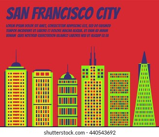 Vector template banner for website header, advertisement. Vector flat city for banner, illustration, background, game. Flat city for presentations, poster, hackathon. Colorful San Francisco