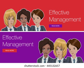 Vector template banner for website header, advertisement. Cartoon characters with quote bubble. Set banner background for website. Website header promotion banner. Office manager for workshop training