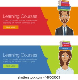 Vector template banner for website header, advertisement. Cartoon character for  design learning course. Website banner for business workshop, training. Banner for advertising. Set of vector banner