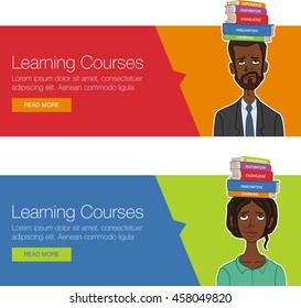 Vector template banner for website header, advertisement. Cartoon character for learning course. Website banner for business workshop, training. Banner for advertising. Set of vector horizontal banner