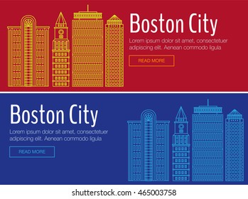 Vector template banner for website header, advertisement. Vector Boston city for banner, illustration, background. Flat Boston for banner. Hackathon, workshop, seminar, lecture in Boston. Boston city