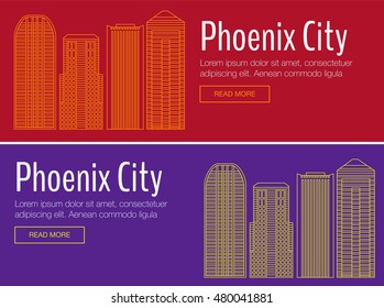 Vector template banner for website header, advertisement. Vector Phoenix city for banner, illustration, background. Flat Phoenix for banner. Hackathon, workshop, seminar, lecture in Phoenix. Phoenix