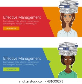 Vector template banner for website header, advertisement. Cartoon character for learning course. Website banner for business workshop, training. Banner for advertising. Set of vector horizontal banner