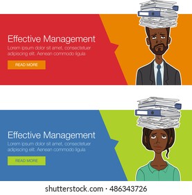 Vector template banner for website header, advertisement. Cartoon character for learning course. Woman and man with paperwork stack. Banner with paperwork pile. Boring people with paperwork stress