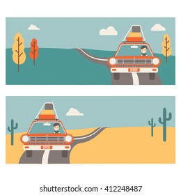 Vector template for banners about travel on the car. 2 banners summer desert and autumn. Happy tourist in the car with luggage, retro style.