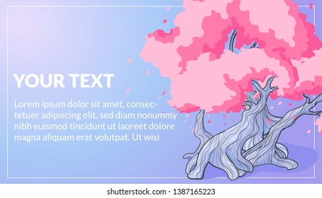 Vector template of banners or brochure, flyers with illustration of sakura trees on pastels colors background with white frame 