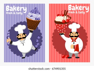Vector template banners with the chef and cupcakes. Cute cook. 